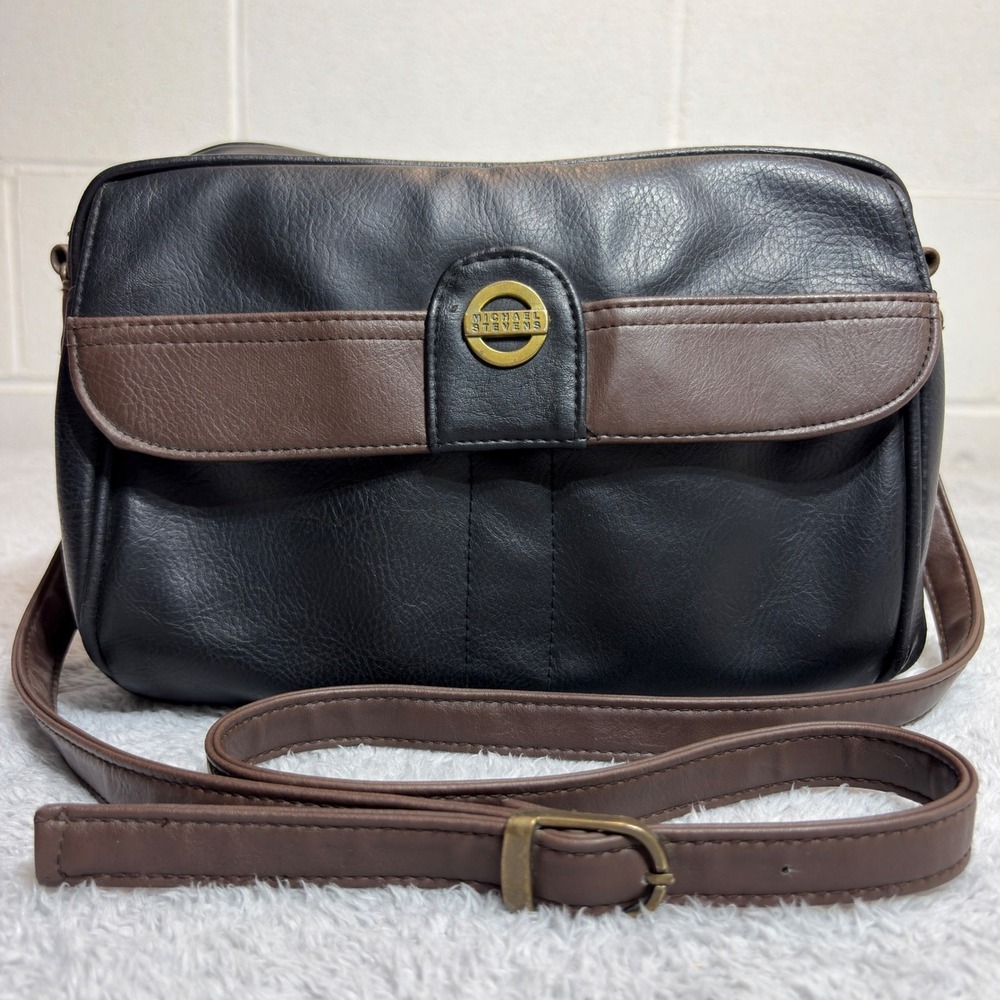 Michael Stevens Crossbody Bag Womens Medium Black Brown Faux Leather Vintage